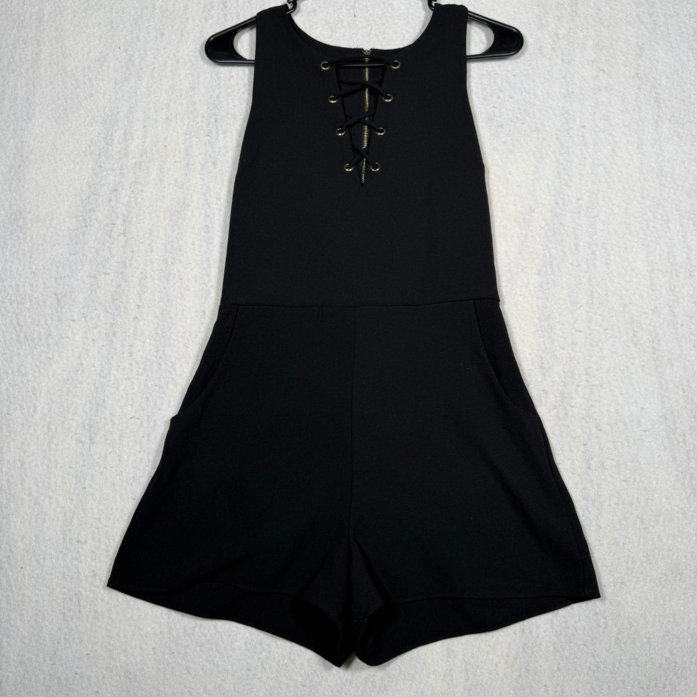 Xhilaration Womens Black Lace Up Front Sleeveless Romper Size XS Pockets